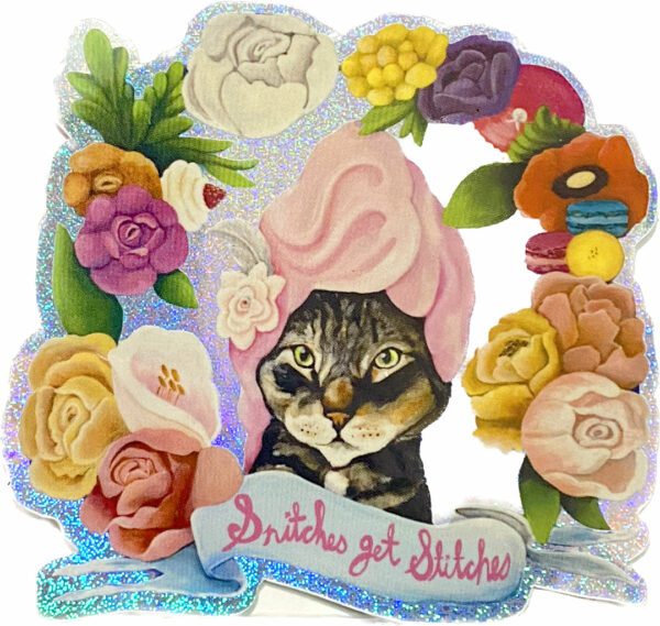 Bouffant Kitty and Flowers Iridescent Glitter Foil Sticker