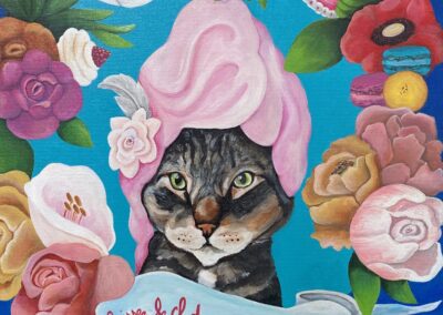 colorful memorial pet portrait of a cat in a pink bouffant wig and surrounded by a floral motif