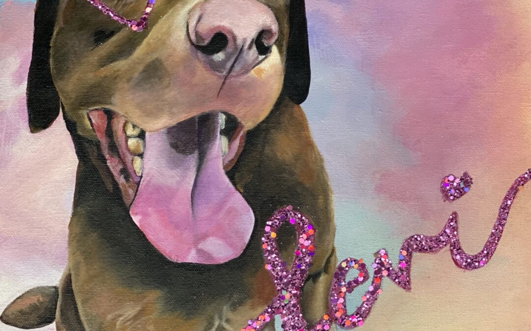 memorial pet portrait of Levi, a chocolate lab set against a multi-colored painterly background