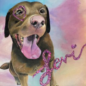 memorial pet portrait of Levi, a chocolate lab set against a multi-colored painterly background