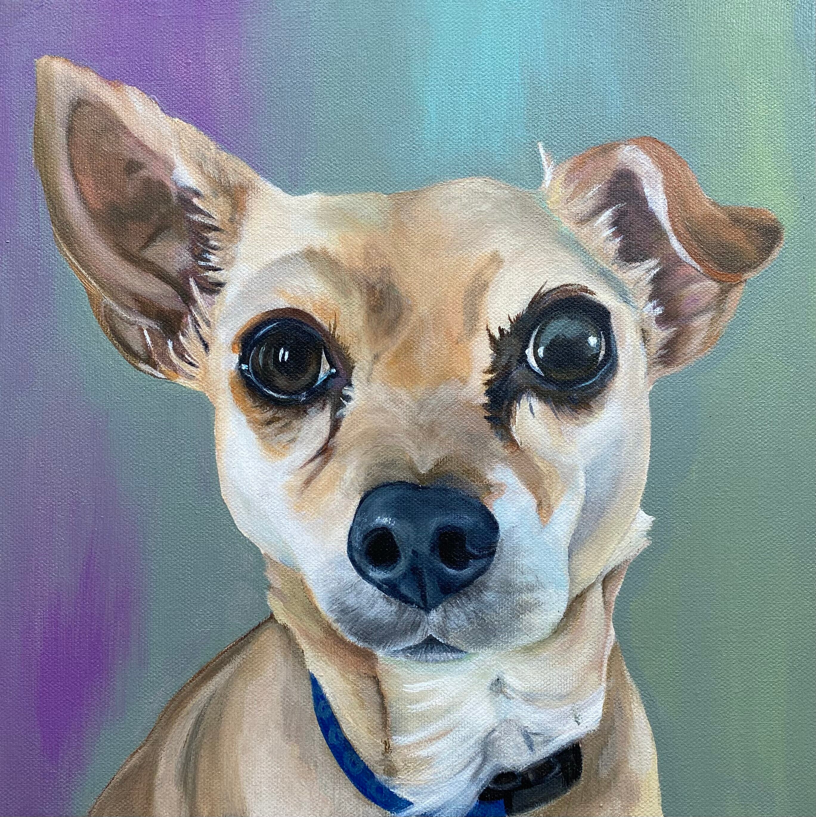 memorial pet portrait of a tan and white-colored chihuahua against a purple and teal background