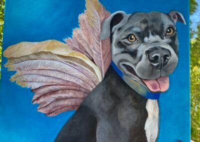 memorial pet portrait of a grey and white-colored bully breed dog with feathery wings against a blue background
